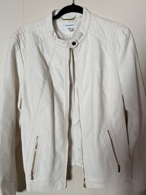 Calvin Klein Cream Leather Moto-Style Zip Jacket